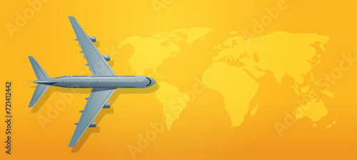 Airplane on plain yellow background with world map. Air travel concept vector illustration