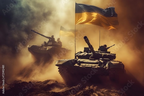 National armed force, military parade, army troops, tanks with Ukraine flag.