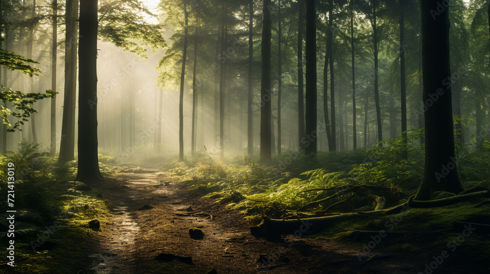 Fototapeta premium A misty morning in a tranquil forest, AI Generative.