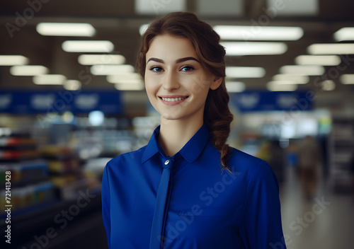 Smiling young and attractive saleswoman standing in blue uniform