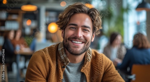 A confident man wearing casual clothing smiles warmly at the camera, radiating happiness and charm against a backdrop of both indoor and outdoor settings