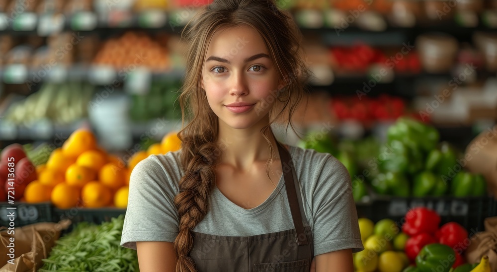 A radiant woman in an apron stands proudly among fresh, locally-sourced produce at her outdoor market stall, embodying the natural and wholesome lifestyle of a dedicated greengrocer