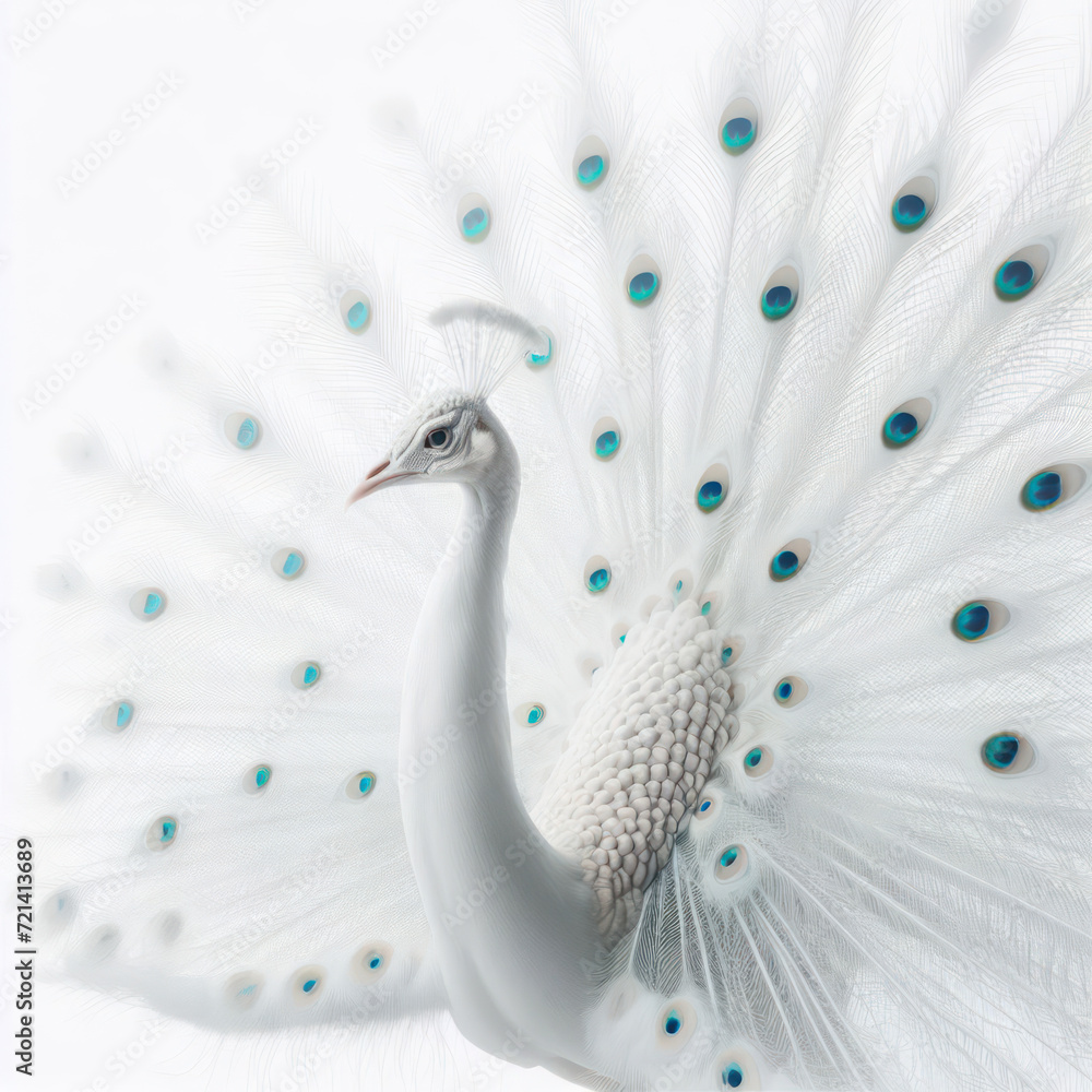 Fototapeta premium peacock feather close up, ethereal albino peacock, displaying feathers, pavo real albino, white peacock. 