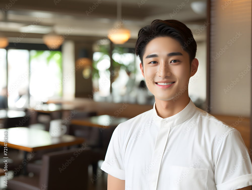 Fototapeta premium Smiling young asian male waitress