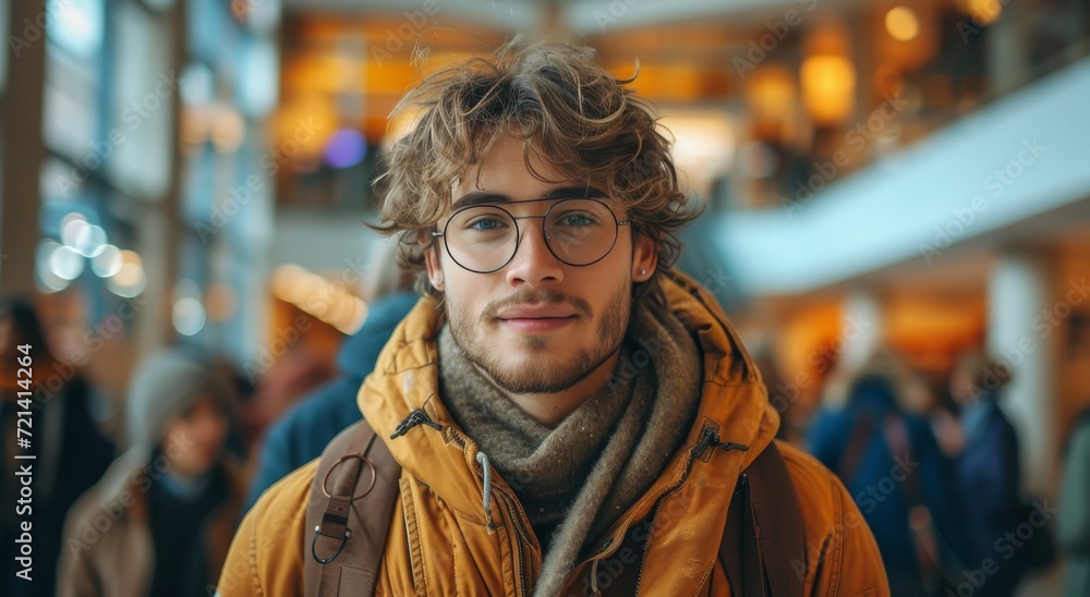 A stylish man stands confidently on a bustling street, his glasses and bright yellow jacket contrasting against the building's muted tones, while a scarf adds a touch of sophistication to his urban a