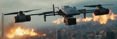 Autonomous driverless aerial vehicle flying on city background, Future transportation with 5G technology concept