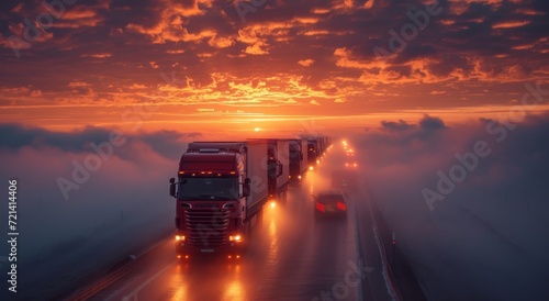 As the fog slowly lifts, a convoy of trucks makes its way down the winding road, their headlights piercing through the misty veil as they journey towards the horizon at dawn