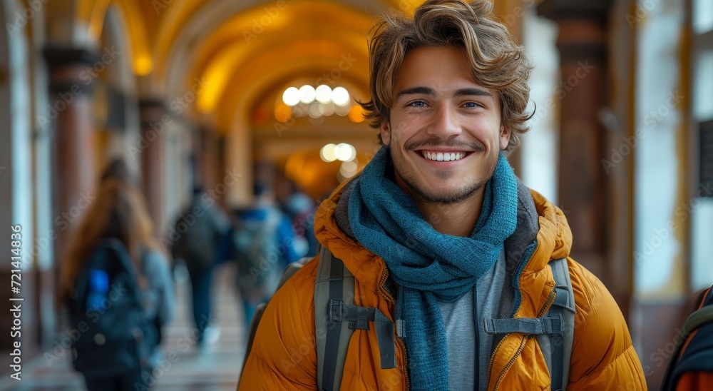 A fashion-forward man wearing a stylish yellow jacket and shawl smiles confidently at the camera while standing in front of a beautiful building on a bustling street, exuding charm and capturing the 