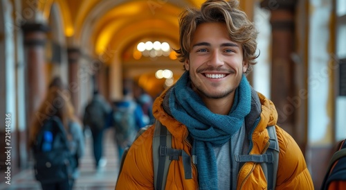 A fashion-forward man wearing a stylish yellow jacket and shawl smiles confidently at the camera while standing in front of a beautiful building on a bustling street, exuding charm and capturing the  © Larisa AI