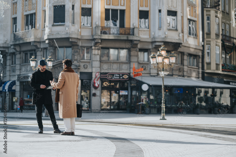 Dressed in stylish winter wear, two friends or colleagues are having a conversation on a well-lit, urban street, exuding a vibe of casual urban life and connection.