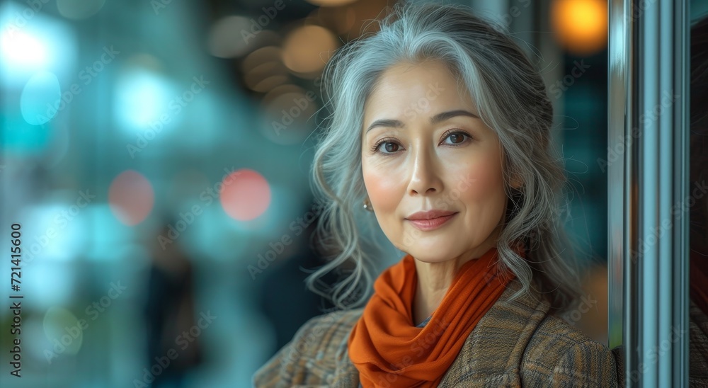 A graceful lady, with her striking grey hair and vibrant orange scarf, gazes out the window of a bustling street, her expression a portrait of elegance and fashion