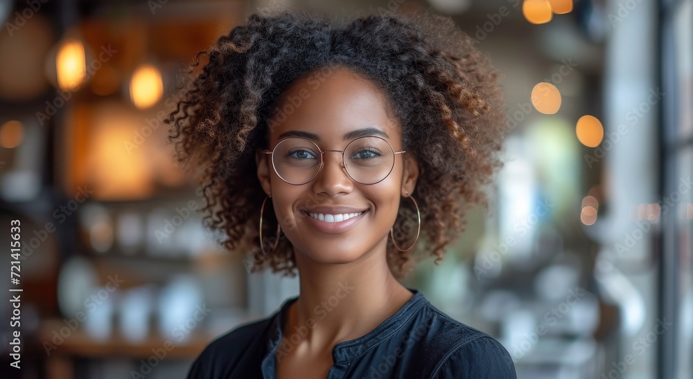 A stylish woman radiates confidence as she flashes a warm smile, her glasses adding an intellectual touch to her captivating portrait A stylish woman radiates confidence as she flashes a warm smile, her glasses adding an intellectual touch to her captivating portrait