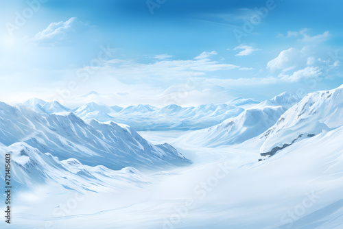 Snowy mountain peak with ski slopes and chalets background © sugastocks