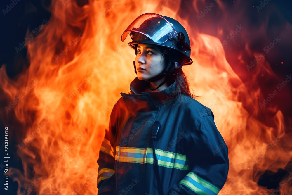 Firefighter woman at the background of fire Firefighter woman at the background of fire