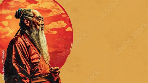 Timeless Reflections: Laozi Illustration on Vibrant Background with Copy Space photo