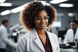 Beautiful young woman scientist wearing white coat and glasses in modern Medical Science Laboratory with Team of Specialists on background, space for text