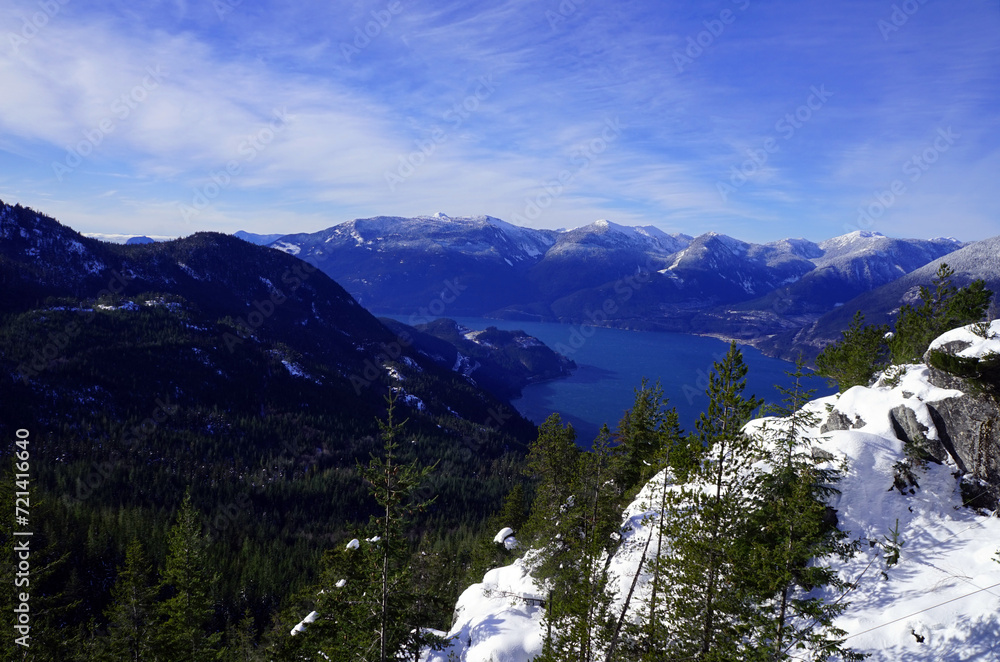 Forested mountainside covered in deep snow with a lake and mountains in the distance