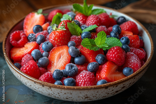 Close-up of a red fruit salad displayed in a restaurant. Healthy food image