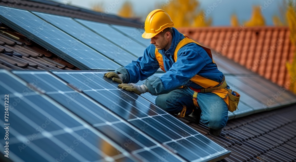A hardworking blue-collar worker donning protective gear while installing solar panels, harnessing the power of the sun to create sustainable energy A hardworking blue-collar worker donning protective gear while installing solar panels, harnessing the power of the sun to create sustainable energy