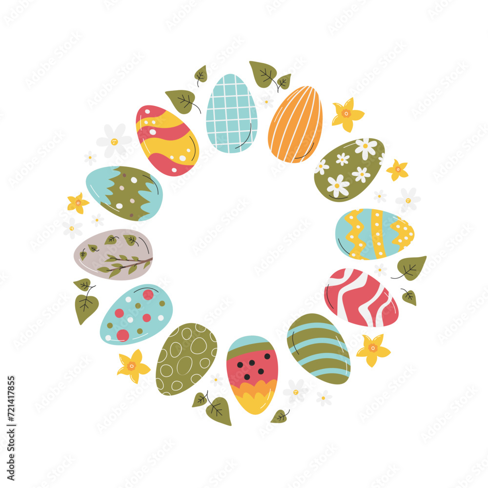 Egg circle shaped border isolated on white. Background concept design with copy space. Round shaped banner decorated with easter eggs and plants. Happy Easter frame hand drawn flat vector illustration