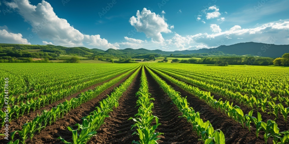 A Picturesque Countryside Farm, Beautifully Showcasing An Organic Maize Field Ready For Planting, Copy Space. Сoncept Picturesque Countryside Farm, Organic Maize Field, Copy Space, Farming, Planting