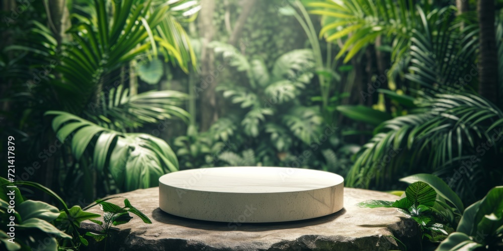 A Lush Tropical Garden Provides The Backdrop For A Podium Pedestal Showcasing Natural Products, With Copy Space. Сoncept Tropical Garden, Podium Pedestal, Natural Products, Copy Space