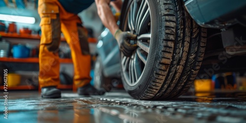 A Mechanic Is Installing New Tires And Wheels In A Garage, Copy Space. Сoncept Automotive Maintenance, Tire And Wheel Installation, Garage Work, Mechanic's Tools, Copy Space