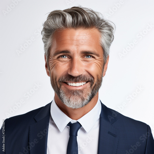 Studio portrait of a 50 year old business man smiling with a modern haircut. Advertisement for dental, business, studio, etc.