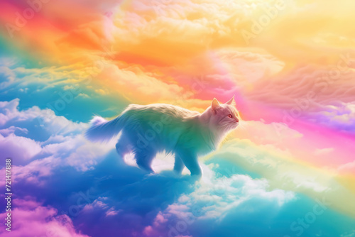 Cat walking on clouds and a rainbow