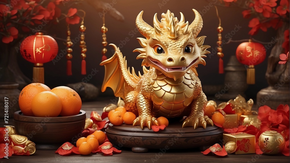 Chinese New Year cute dragon zodiac with mandarin orange gold ingot, generative ai

