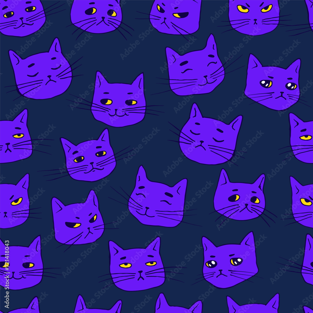Cartoon cheerful cute violets cats seamless pattern, isolated on blue. Decorative vector doodle style texture with animals.