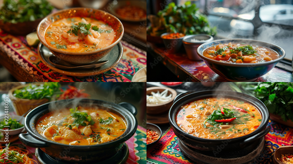 Thai cuisine Tom yum Goong. A steaming bowl of hot tom yum gong is served on a colorful tablecloth, accompanied by a small dish of fresh herbs and spices. Homemade food. Thai cuisine Tom yum Goong. A steaming bowl of hot tom yum gong is served on a colorful tablecloth, accompanied by a small dish of fresh herbs and spices. Homemade food.