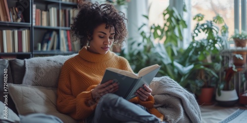 A Woman Peacefully Enjoys A Book In Her Cozy Living Room, Copy Space. Сoncept Cozy Reading Nook, Tranquil Moments, Bookworm Bliss, Relaxing At Home, Serene Interiors