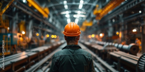A Worker In A Hard Hat Oversees The Busy Production Line, Copy Space. Сoncept Production Line Oversight, Busy Workers, Hard Hat Safety, Copy Space Available