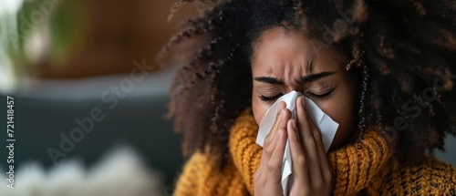 An African American Woman Sniffles While Holding A Tissue, Battling Seasonal Sniffles. Сoncept Seasonal Allergies, Sneezing, Tissue Use, African American Representation, Health Management photo