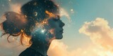 Blending Woman And Universe In A Double Exposure Photo, Conveying Peace And Contemplation, Copy Space. Сoncept Nature's Beauty In Macro Photography, Urban Landscape Art, Candid Street Portraits