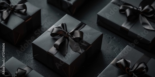 Black Friday Promotions Showcased With Black Gift Boxes On A Dark Surface - Plenty Of Room For Messaging. Сoncept Black Friday Deals, Promotions, Gift Boxes, Dark Surface, Messaging