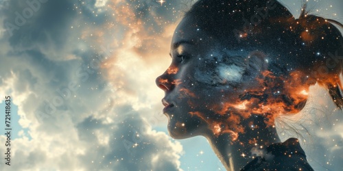 Merging Woman And Universe In A Double Exposure Photo: Capturing Peace And Contemplation With Copy Space. Сoncept Astrophotography, Double Exposure, Peaceful Portraits, Contemplative Moments