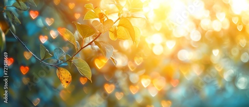 Multicolored Hearts Wallpaper: Blurry Nature Background With Shining Light And Sky Through Leaves.