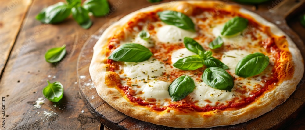 Classic Italian Pizza With Melted Mozzarella And Fragrant Basil Leaves. Сoncept Traditional Italian Pasta Dishes, Authentic Gelato Flavors, Tiramisu Desserts, Vineyard Tours In Tuscany
