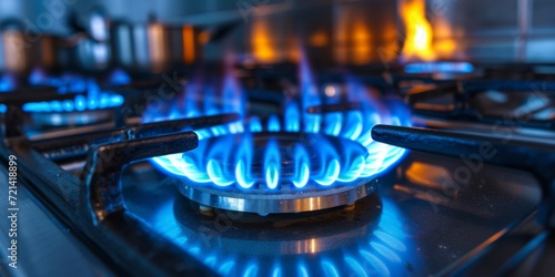 Closeup Of A Vibrant Blue Gas Flame Burning On A Kitchen Stove, Copy Space. Сoncept Food Photography, Culinary Delights, Fiery Flames, Kitchen Ambiance, Blue Flame Magic