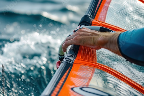 The Thrill of the Wind: A Close-Up of a Windsurfer's Gripping Hand photo