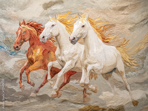 Horses illustration in embroidery texture style
