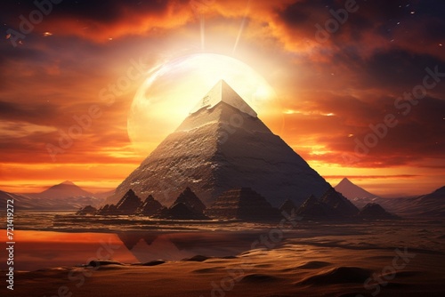 An ancient Egyptian pyramid rising against a breathtaking desert sunset.