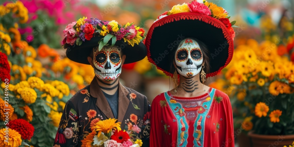 Capturing The Essence Of Mexican Tradition: Couple Poses As Catrina Figures In Tribute, With Ample Space For Artistic Expression