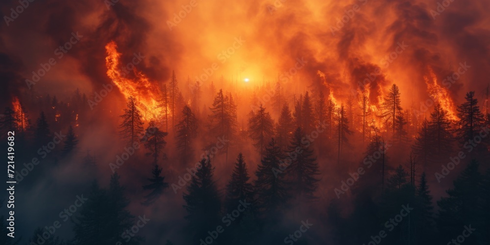 Devastating Wildfires Engulf The Landscape, Consuming Trees And Releasing Billowing Orange Smoke, Copy Space. Сoncept Nature Conservation, Wildfire Prevention, Environmental Impact