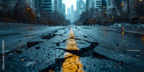 Cracked Road In Cityscape Symbolizes Earthquakes Impact Blurred Backdrop Emphasizes Devastation, Copy Space. Сoncept Earthquake Devastation, Cracked Cityscape, Blurred Backdrop, Symbolic Props