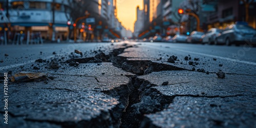 Cracked Road In Vibrant City: A Symbolic Reminder Of Earthquake Aftermath, With Space For Copy. Сoncept Golden Sunset Over A Calm Ocean, Majestic Mountain Range, Serene Forest Path