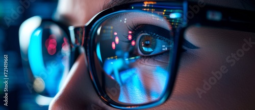 Cybersecurity Concept Encapsulated By Closeup Eyes And Glasses With Computer Monitor Reflection. Сoncept Nature-Inspired Art, Serene Landscapes, Abstract Paintings, Vibrant Flowers, Tranquil Seascapes