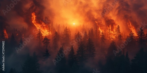 Devastating Wildfires Engulf The Landscape, Consuming Trees And Releasing Billowing Orange Smoke, Copy Space. Сoncept Nature Conservation, Wildfire Prevention, Environmental Impact